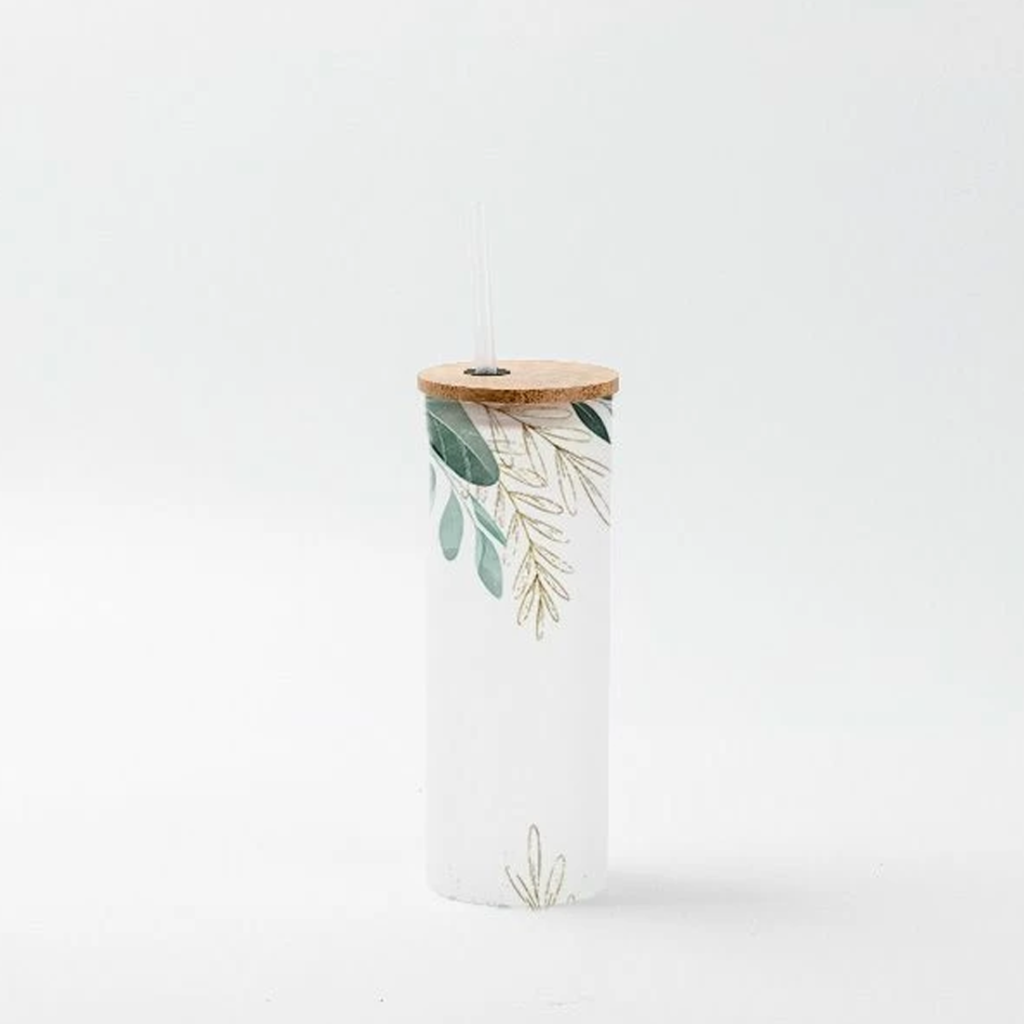 Glass Skinny Tumbler with Straw and Bamboo lid Frosted